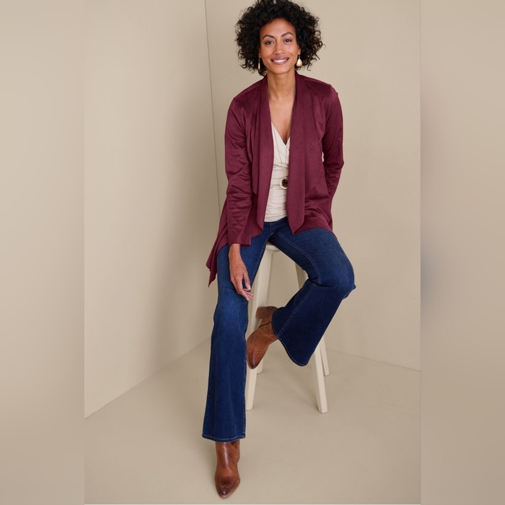 Soft Surroundings Purple Vine Faux Suede Drape Jacket